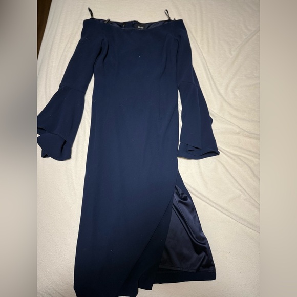 Navy midi dress off the shoulder with bell sleeve and slit - Picture 8 of 8
